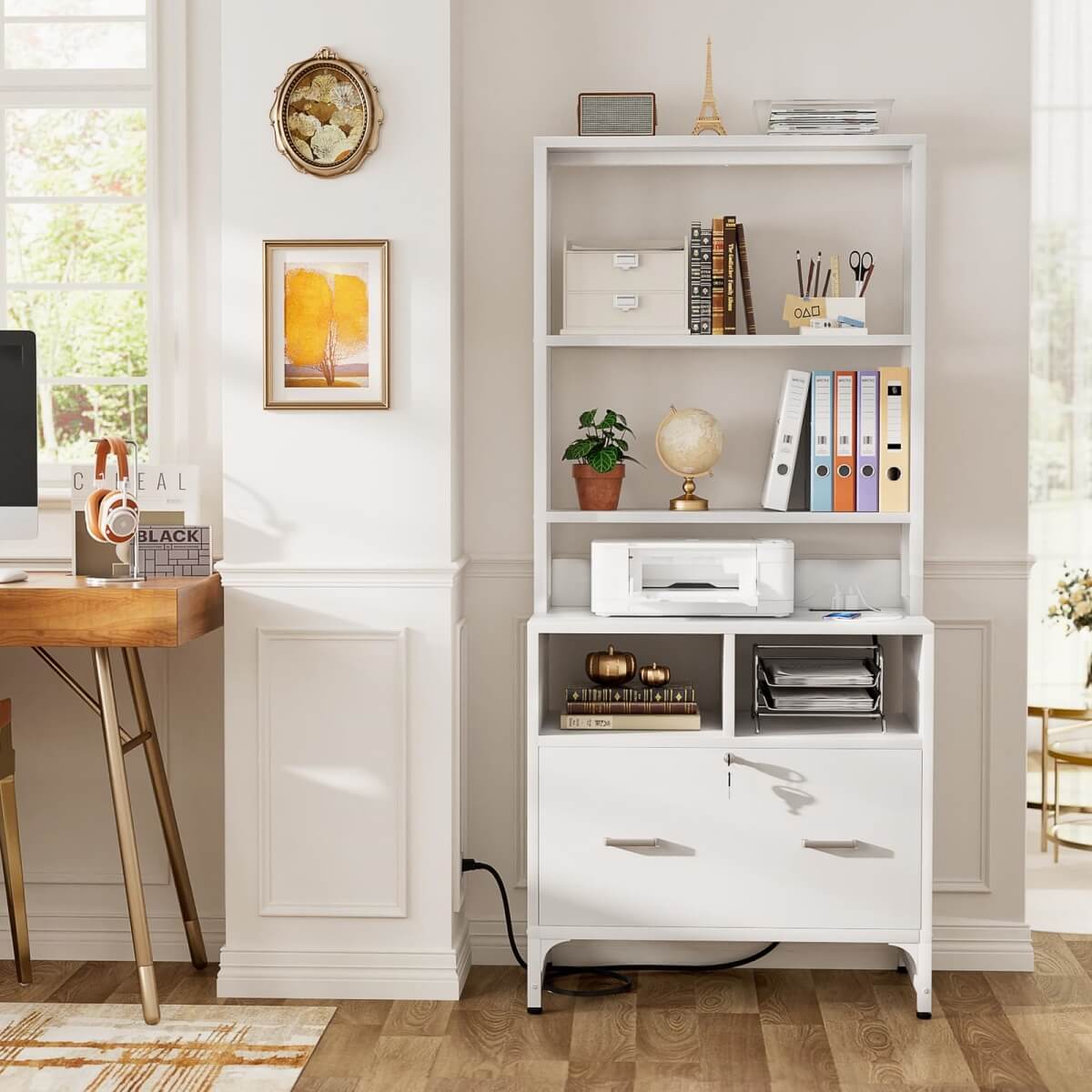 Unikito File Cabinet with Charging Station, Vertical Filing Cabinet with Lock & Large Drawer, Printer Stand with Storage Shelves, Office Storage Cabinet fits Letter/A4/Legal Size