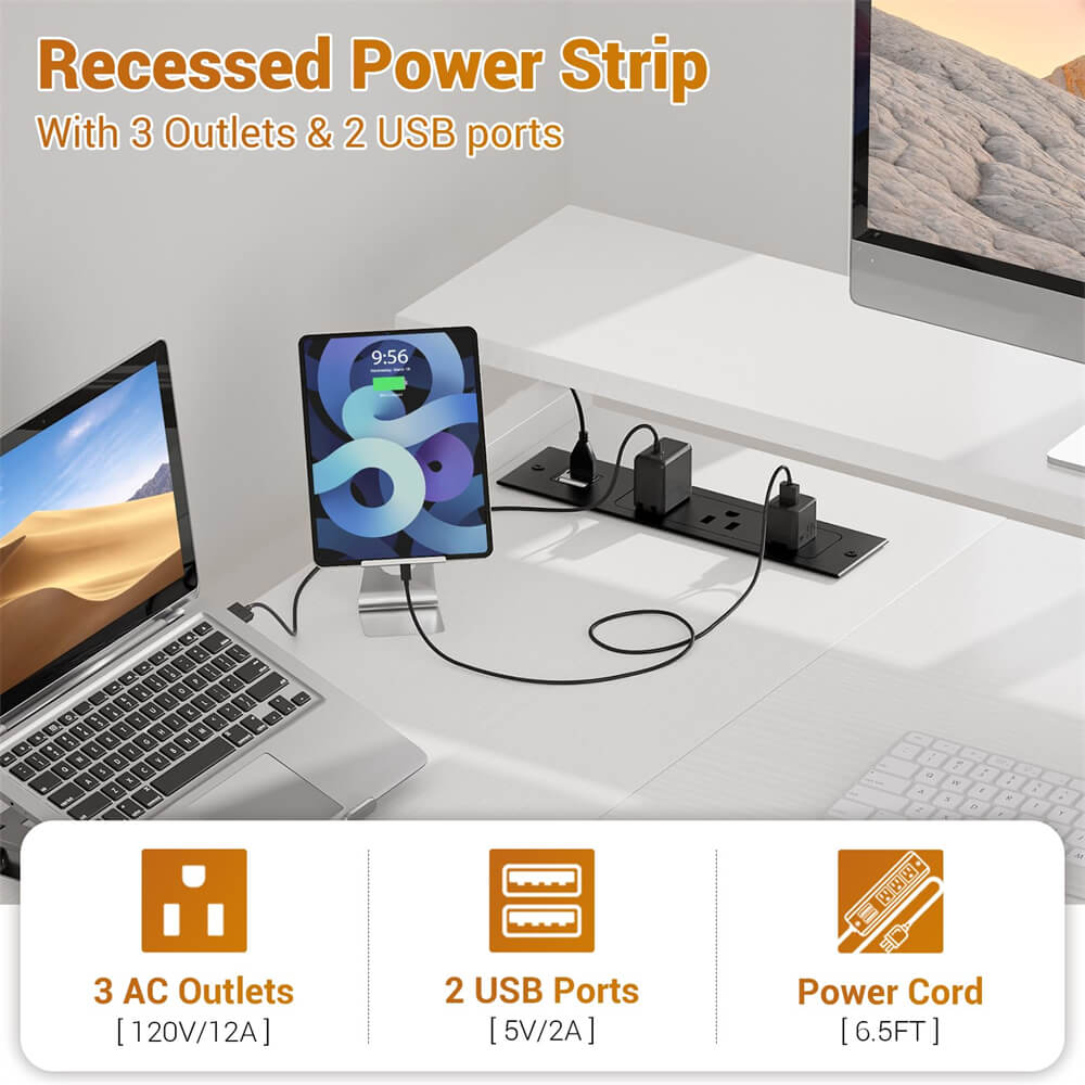 Reversible L Shaped Computer Desk Gaming Desk with File Drawer, Power Outlet & LED Strip