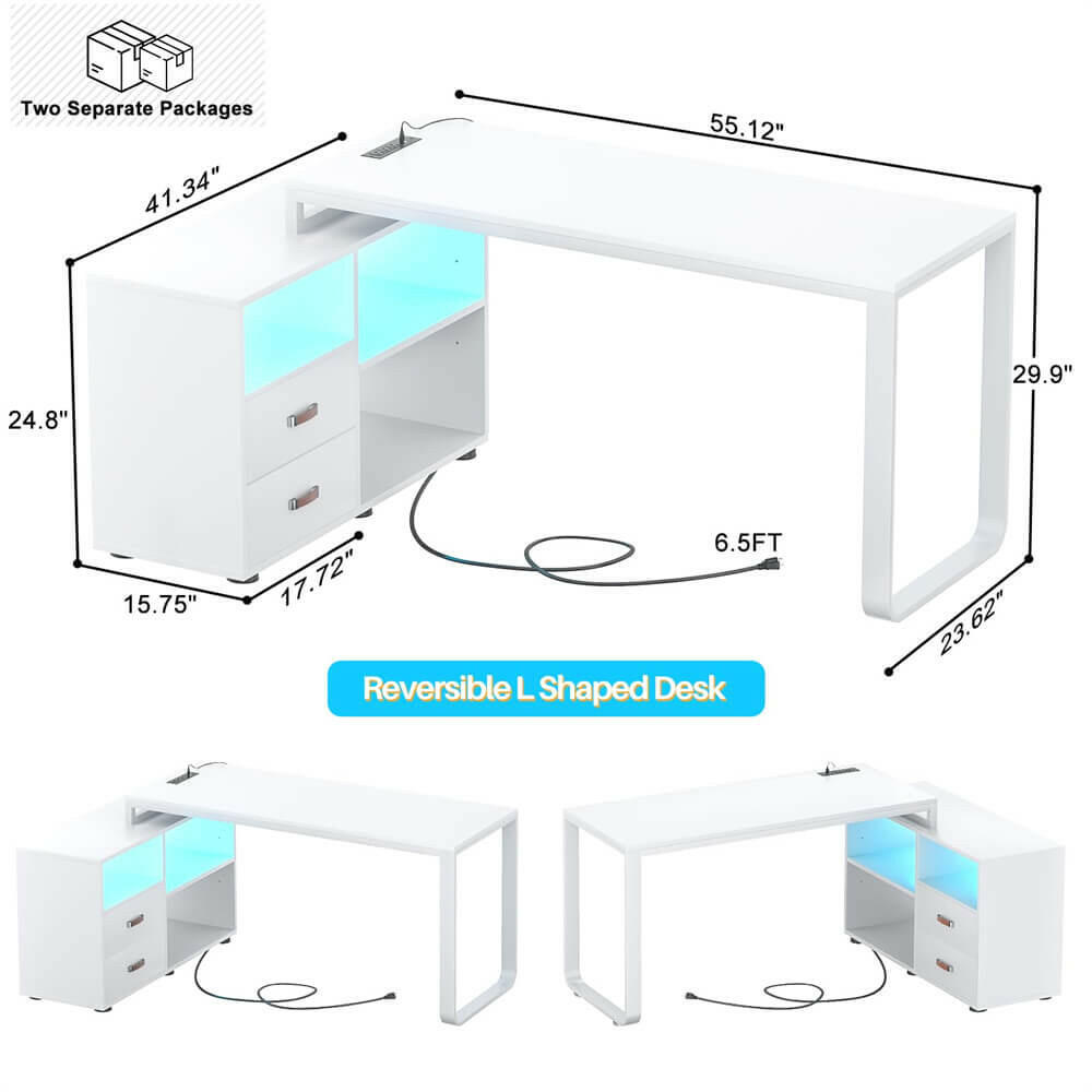 Unikito L Shaped Desk with File Cabinet & Power Outlet, Reversible 55 Inch Large Corner Computer Desks with LED Strip, L-Shaped Computer Desk with Drawers and Storage Shelves