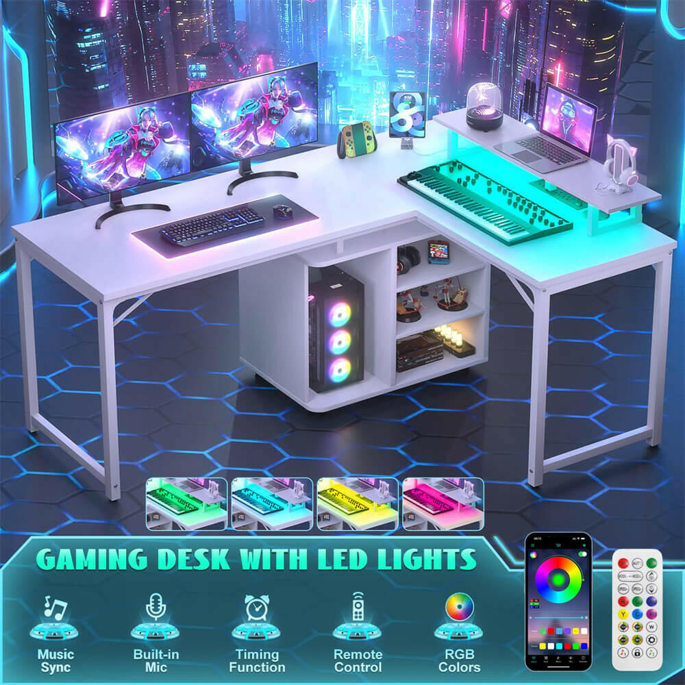 Unikito L Shaped Computer Desk, 58'' Reversible Gaming Desk with LED Strip & Adjustable Monitor Stand, Office Desk with Cabinet & Power Outlets, Corner Desk 2 Person Long Writing Study Table