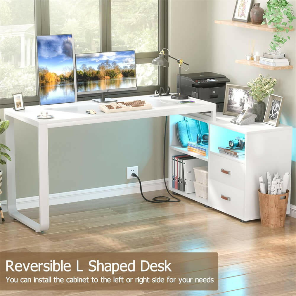 Unikito L Shaped Desk with File Cabinet & Power Outlet, Reversible 55 Inch Large Corner Computer Desks with LED Strip, L-Shaped Computer Desk with Drawers and Storage Shelves