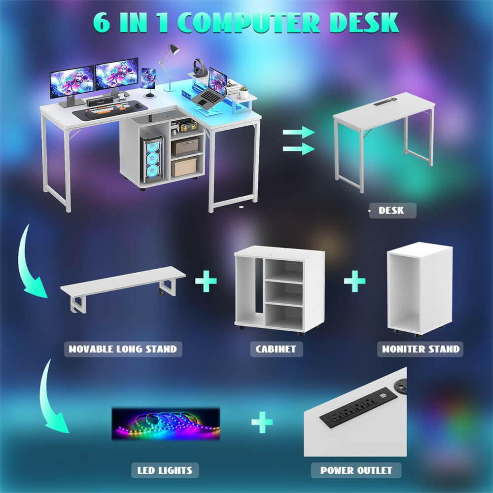 Unikito L Shaped Computer Desk, 58'' Reversible Gaming Desk with LED Strip & Adjustable Monitor Stand, Office Desk with Cabinet & Power Outlets, Corner Desk 2 Person Long Writing Study Table