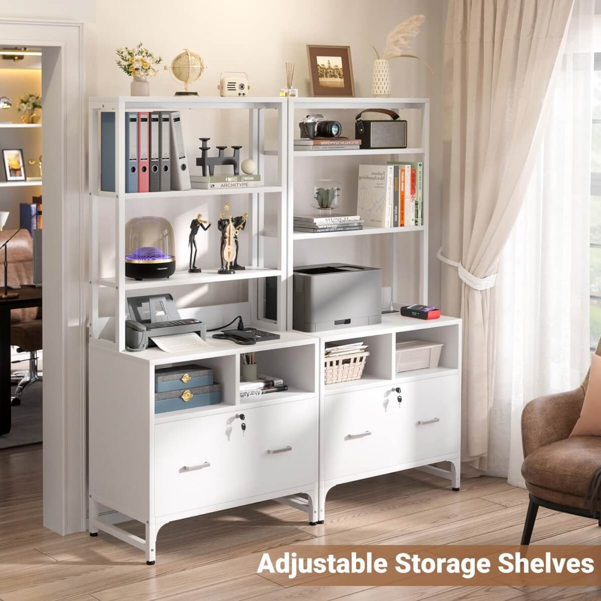 Unikito File Cabinet with Charging Station, Vertical Filing Cabinet with Lock & Large Drawer, Printer Stand with Storage Shelves, Office Storage Cabinet fits Letter/A4/Legal Size