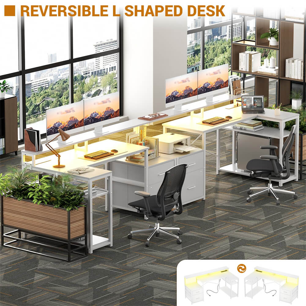 Reversible L Shaped Computer Desk Gaming Desk with File Drawer, Power Outlet & LED Strip