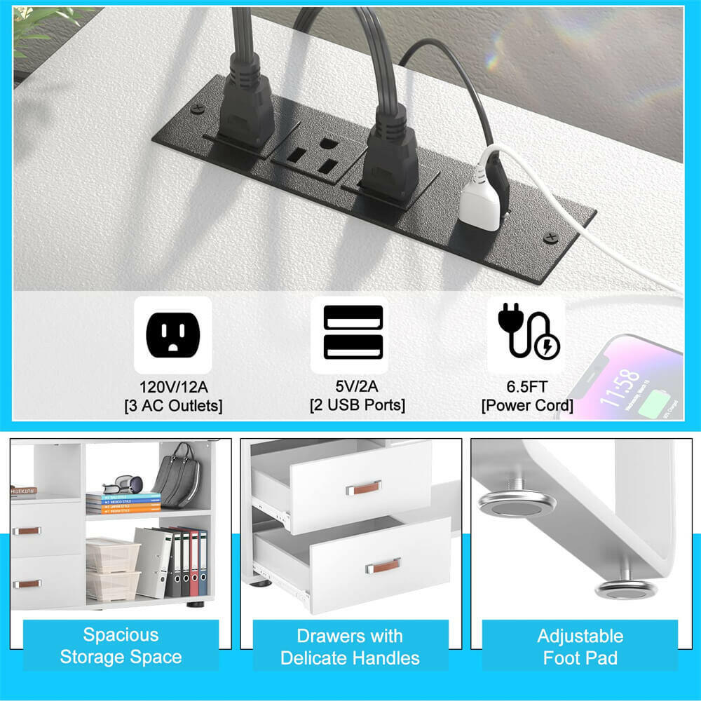 Unikito L Shaped Desk with File Cabinet & Power Outlet, Reversible 55 Inch Large Corner Computer Desks with LED Strip, L-Shaped Computer Desk with Drawers and Storage Shelves