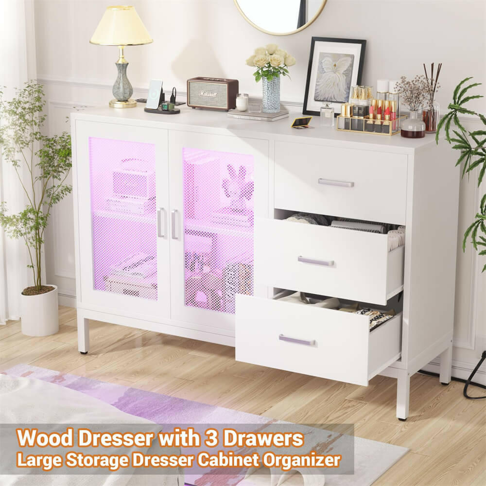Unikito Sideboard Buffet Cabinet with 3 Wood Drawers, Storage Cabinet with Power Outlet, Coffee Bar Cabinet with LED Light, Modern Cabinet Console Table for Kitchen Dining Room