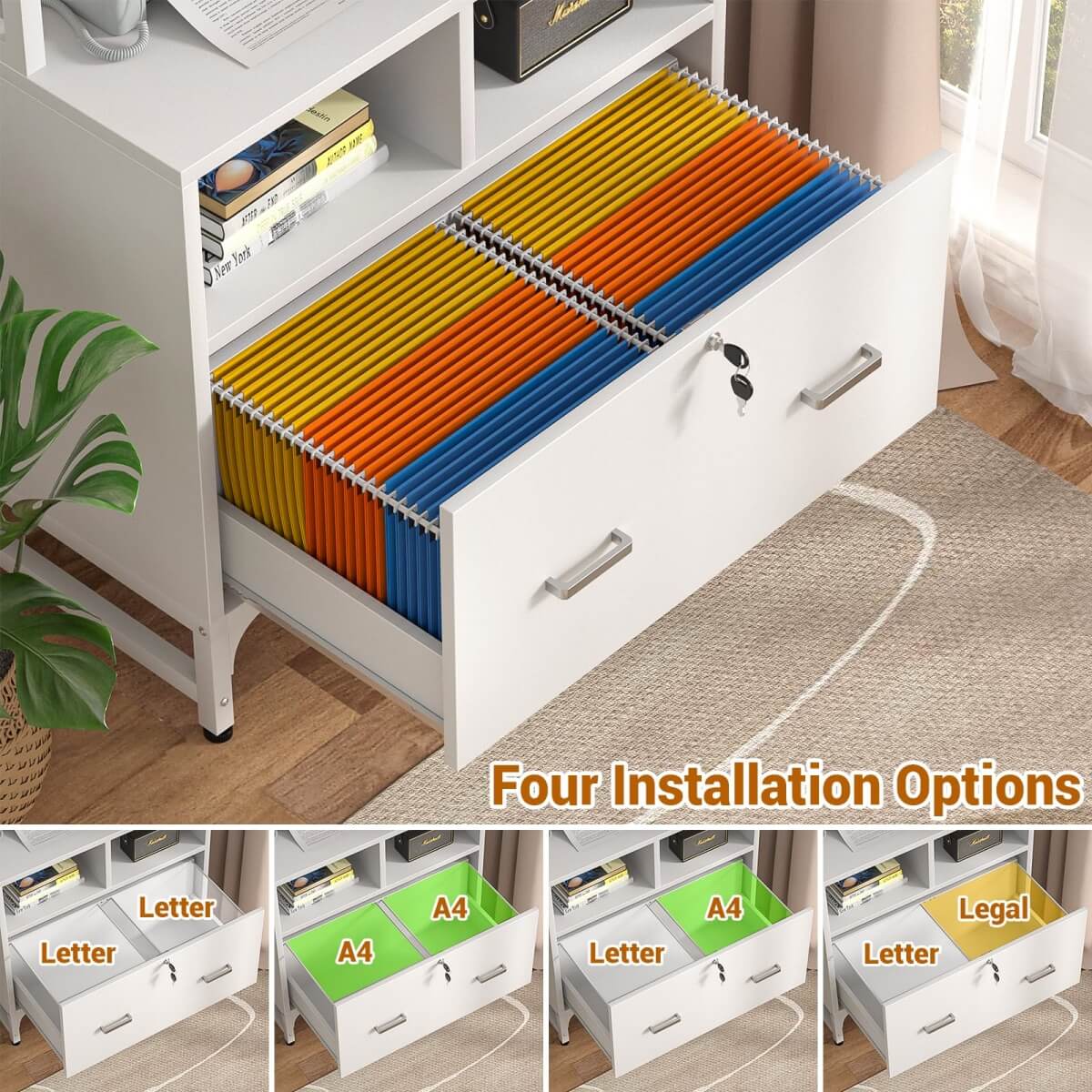 Unikito File Cabinet with Charging Station, Vertical Filing Cabinet with Lock & Large Drawer, Printer Stand with Storage Shelves, Office Storage Cabinet fits Letter/A4/Legal Size