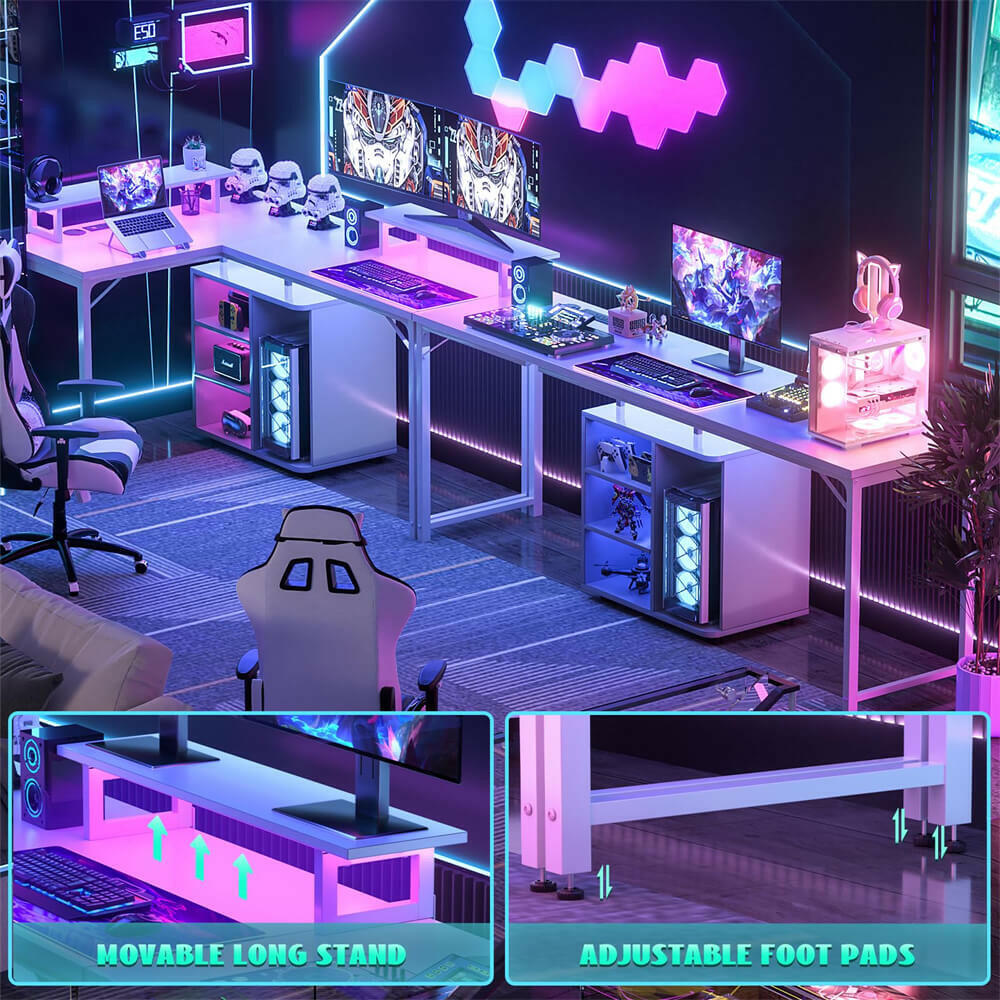 Unikito L Shaped Computer Desk, 58'' Reversible Gaming Desk with LED Strip & Adjustable Monitor Stand, Office Desk with Cabinet & Power Outlets, Corner Desk 2 Person Long Writing Study Table