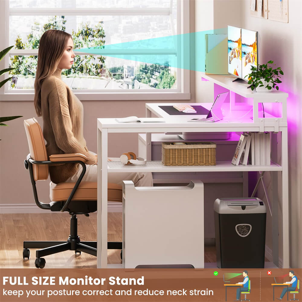 Reversible L Shaped Computer Desk Gaming Desk with File Drawer, Power Outlet & LED Strip