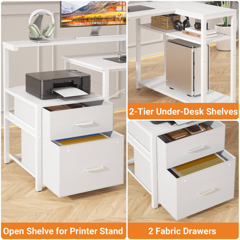 Reversible L Shaped Computer Desk Gaming Desk with File Drawer, Power Outlet & LED Strip