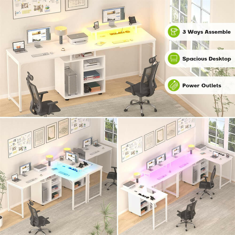 Unikito L Shaped Computer Desk, 58'' Reversible Gaming Desk with LED Strip & Adjustable Monitor Stand, Office Desk with Cabinet & Power Outlets, Corner Desk 2 Person Long Writing Study Table