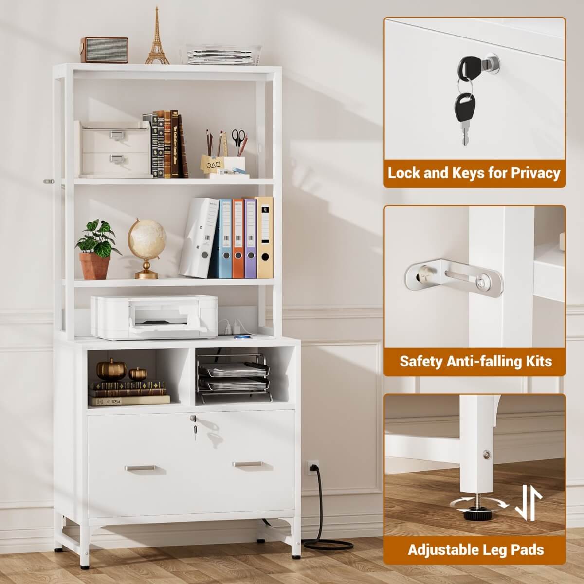 Unikito File Cabinet with Charging Station, Vertical Filing Cabinet with Lock & Large Drawer, Printer Stand with Storage Shelves, Office Storage Cabinet fits Letter/A4/Legal Size