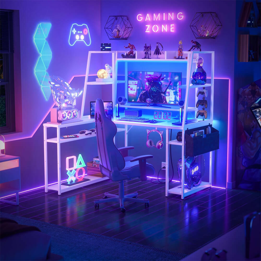 Unikito L Shaped Gaming Desk with Hutch & Shelves, 47'' Gaming Computer Desk with LED Lights & Power Strips, Reversible PC Gaming Desk L Shape with Storage, L Desk for Gaming with Monitor Stand
