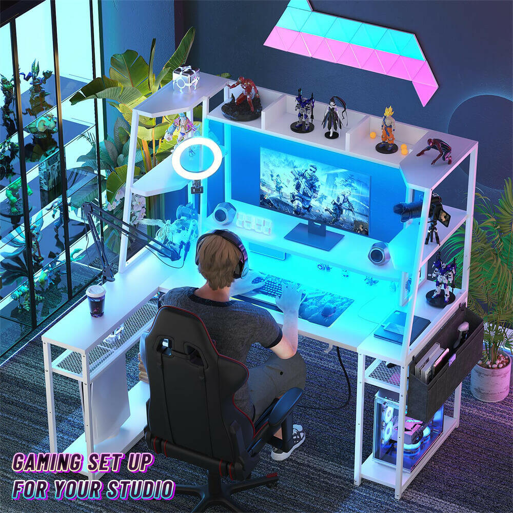 Unikito L Shaped Gaming Desk with Hutch & Shelves, 47'' Gaming Computer Desk with LED Lights & Power Strips, Reversible PC Gaming Desk L Shape with Storage, L Desk for Gaming with Monitor Stand