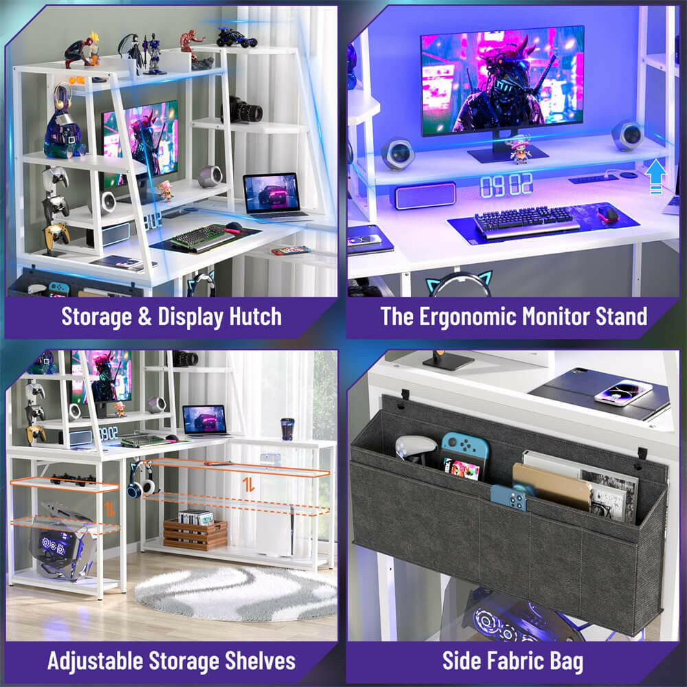 Unikito L Shaped Gaming Desk with Hutch & Shelves, 47'' Gaming Computer Desk with LED Lights & Power Strips, Reversible PC Gaming Desk L Shape with Storage, L Desk for Gaming with Monitor Stand