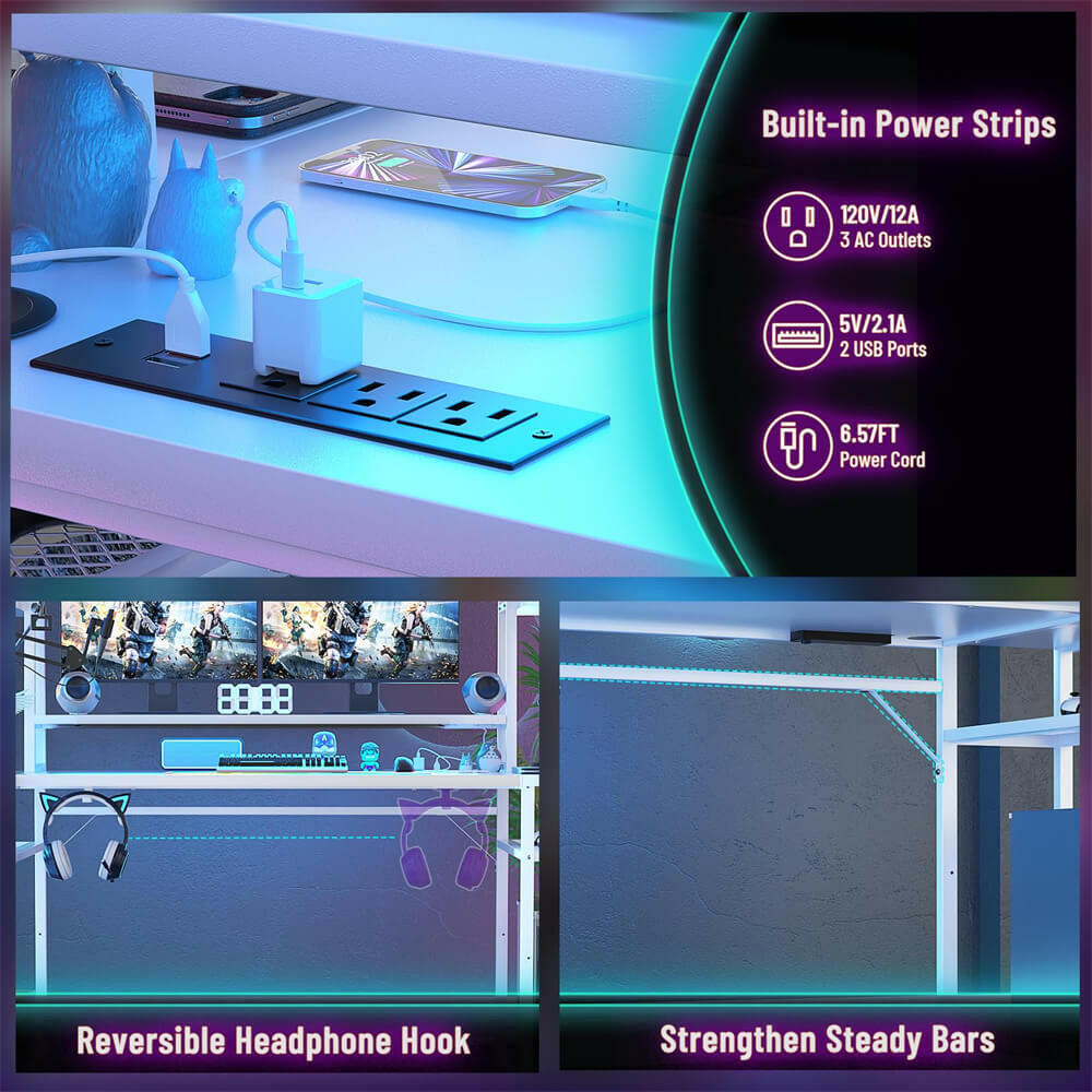 Unikito L Shaped Gaming Desk with Hutch & Shelves, 47'' Gaming Computer Desk with LED Lights & Power Strips, Reversible PC Gaming Desk L Shape with Storage, L Desk for Gaming with Monitor Stand