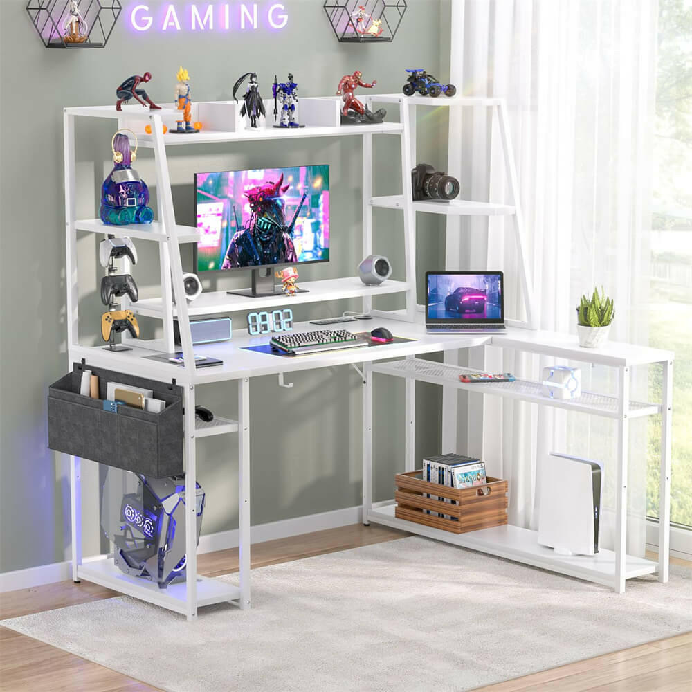Unikito L Shaped Gaming Desk with Hutch & Shelves, 47'' Gaming Computer Desk with LED Lights & Power Strips, Reversible PC Gaming Desk L Shape with Storage, L Desk for Gaming with Monitor Stand