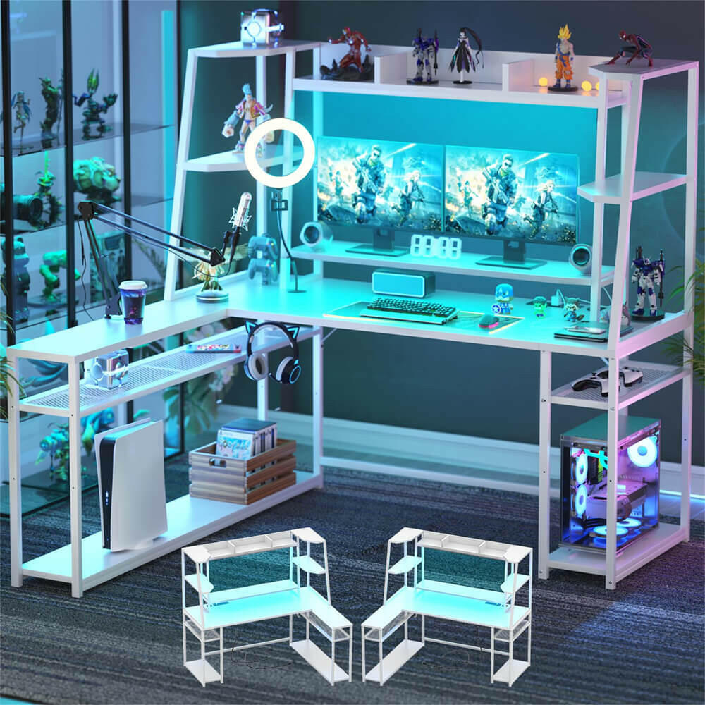 Unikito L Shaped Gaming Desk with LED Lights & Power Strips, 63'' Reversible Gaming Table Desk with Hutch, L-Shaped PC Gaming Desk with Storage, L Gamer Desk with Monitor Stand & Hook