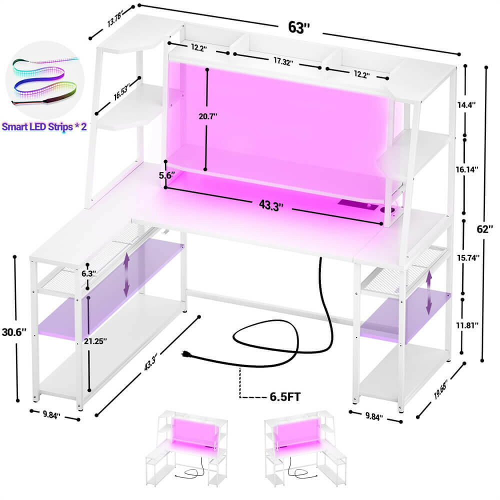 Unikito L Shaped Gaming Desk with LED Lights & Power Strips, 63'' Reversible Gaming Table Desk with Hutch, L-Shaped PC Gaming Desk with Storage, L Gamer Desk with Monitor Stand & Hook