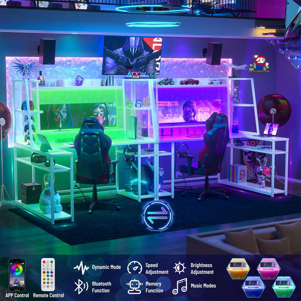 Unikito L Shaped Gaming Desk with LED Lights & Power Strips, 63'' Reversible Gaming Table Desk with Hutch, L-Shaped PC Gaming Desk with Storage, L Gamer Desk with Monitor Stand & Hook