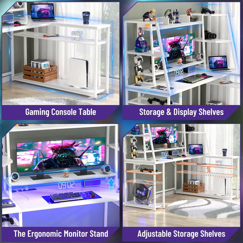Unikito L Shaped Gaming Desk with LED Lights & Power Strips, 63'' Reversible Gaming Table Desk with Hutch, L-Shaped PC Gaming Desk with Storage, L Gamer Desk with Monitor Stand & Hook