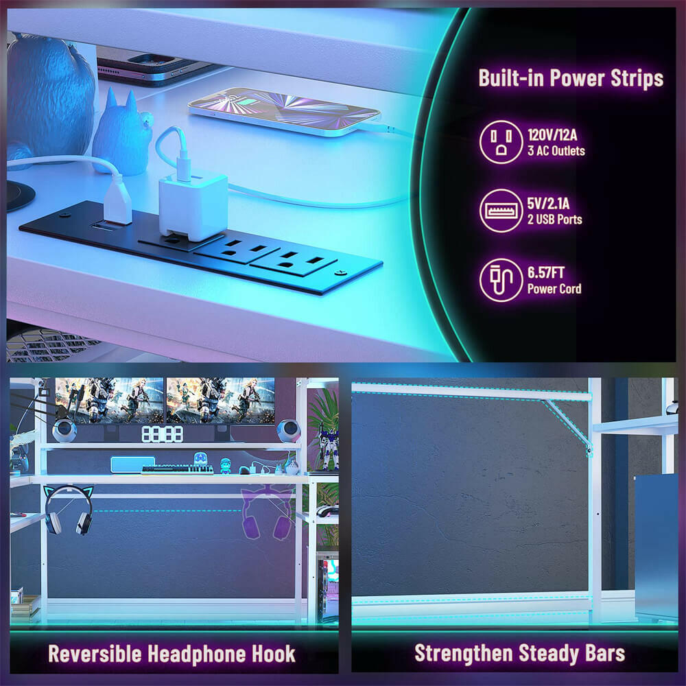 Unikito L Shaped Gaming Desk with LED Lights & Power Strips, 63'' Reversible Gaming Table Desk with Hutch, L-Shaped PC Gaming Desk with Storage, L Gamer Desk with Monitor Stand & Hook