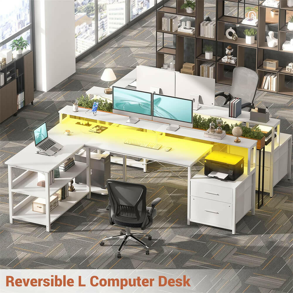 Unikito L Shaped Desk with File Drawer, 72.8" Reversible L Shaped Computer Desk with Power Outlet & LED Strip, Gaming Desk with Monitor Stand, Office Desk Corner Desk with Storage Shelf