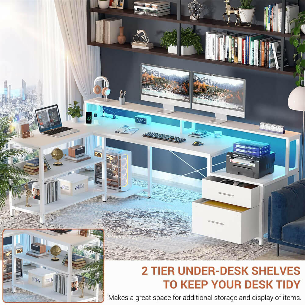 Unikito L Shaped Desk with File Drawer, 72.8" Reversible L Shaped Computer Desk with Power Outlet & LED Strip, Gaming Desk with Monitor Stand, Office Desk Corner Desk with Storage Shelf