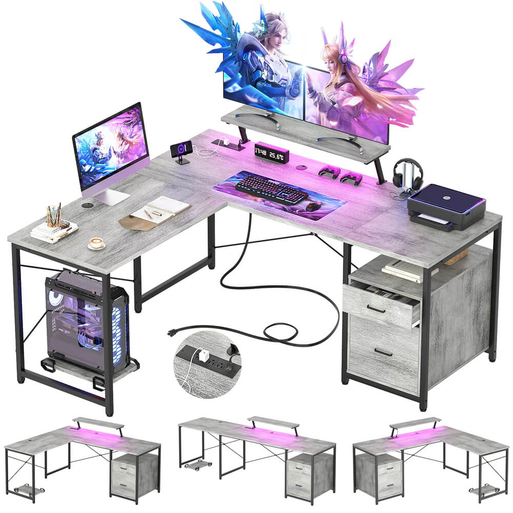 Unikito L-Shaped Desk with Power Outlet and LED Strip, Reversible File Drawer and Monitor Stand, Gaming Table Writing Desk for Home Office Workstation