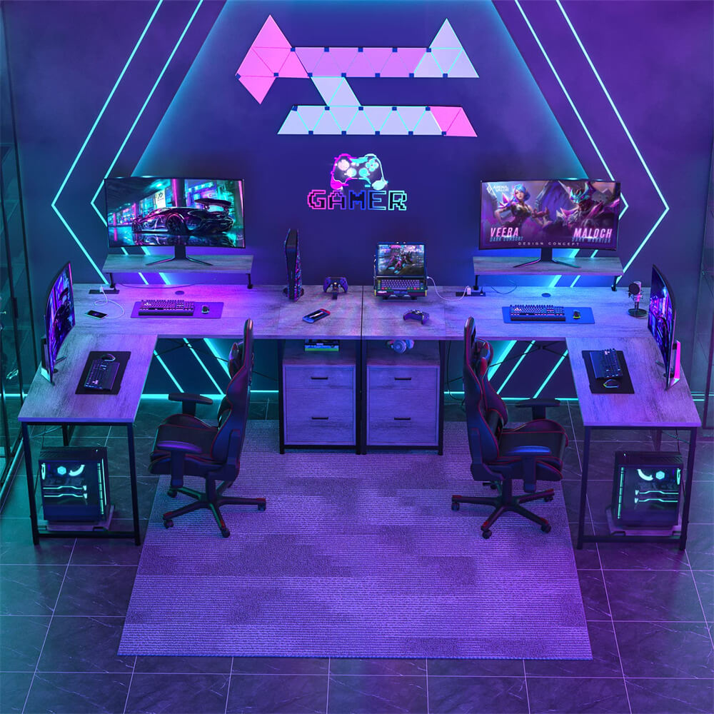 Unikito L-Shaped Desk with Power Outlet and LED Strip, Reversible File Drawer and Monitor Stand, Gaming Table Writing Desk for Home Office Workstation