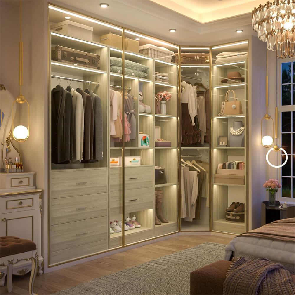 3-In-1 Freestanding Closet System, Closet Organizer with 5 Wood Drawers, 4 Hanging Rods, Reversible, 63.2"L x 63.2"W x 80"H, Load 2000+LBS