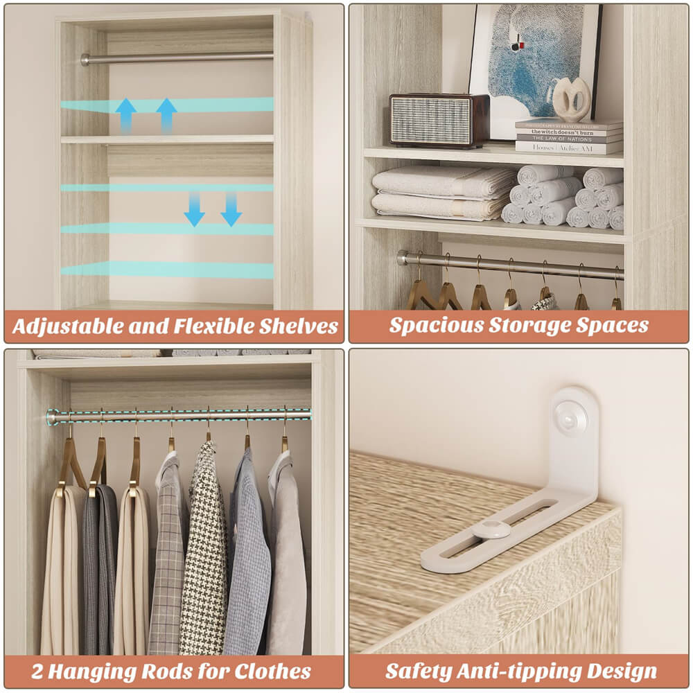 Unikito 25'' Closet System, Freestanding Closet Organizer Wardrobe with Hanging Rods and Shelves, Adjustable Clothes Garment Rack, Sturdy Walk in Closet Tower, 25" W x 15.7" D x 80" H