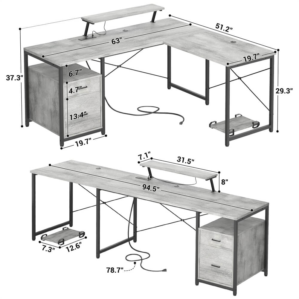 Unikito L-Shaped Desk with Power Outlet and LED Strip, Reversible File Drawer and Monitor Stand, Gaming Table Writing Desk for Home Office Workstation