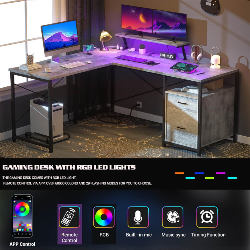 Unikito L-Shaped Desk with Power Outlet and LED Strip, Reversible File Drawer and Monitor Stand, Gaming Table Writing Desk for Home Office Workstation