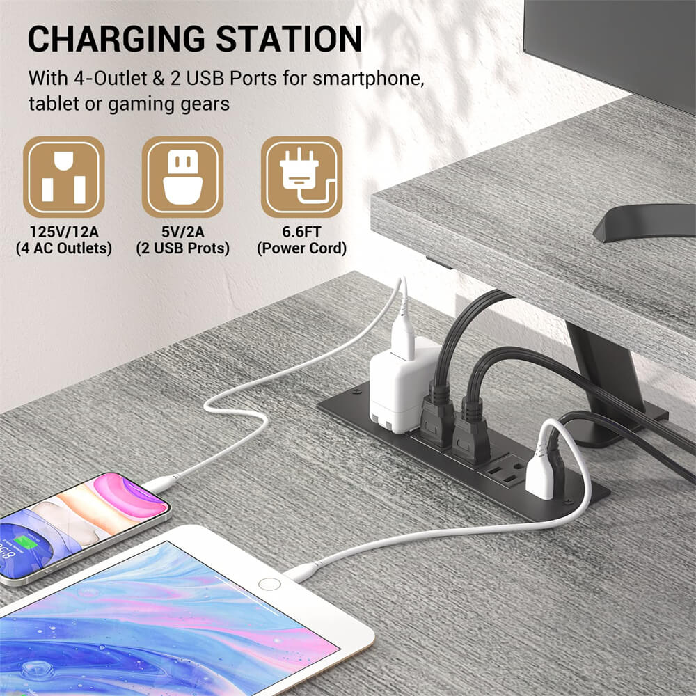 Unikito L-Shaped Desk with Power Outlet and LED Strip, Reversible File Drawer and Monitor Stand, Gaming Table Writing Desk for Home Office Workstation