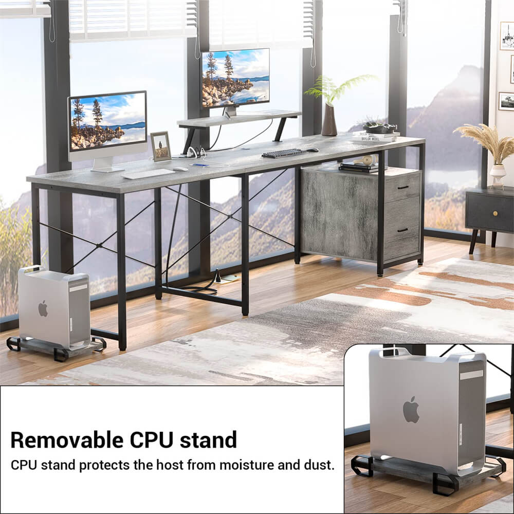 Unikito L-Shaped Desk with Power Outlet and LED Strip, Reversible File Drawer and Monitor Stand, Gaming Table Writing Desk for Home Office Workstation