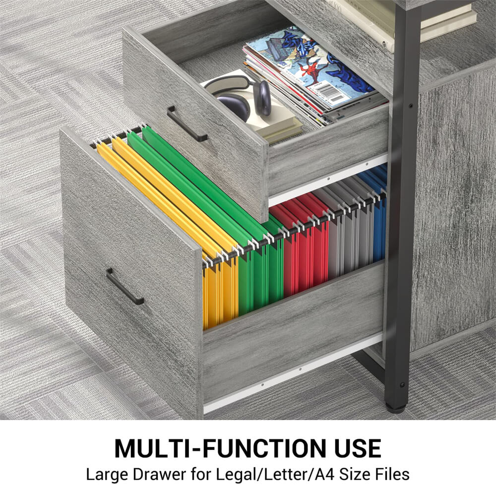 Unikito L-Shaped Desk with Power Outlet and LED Strip, Reversible File Drawer and Monitor Stand, Gaming Table Writing Desk for Home Office Workstation