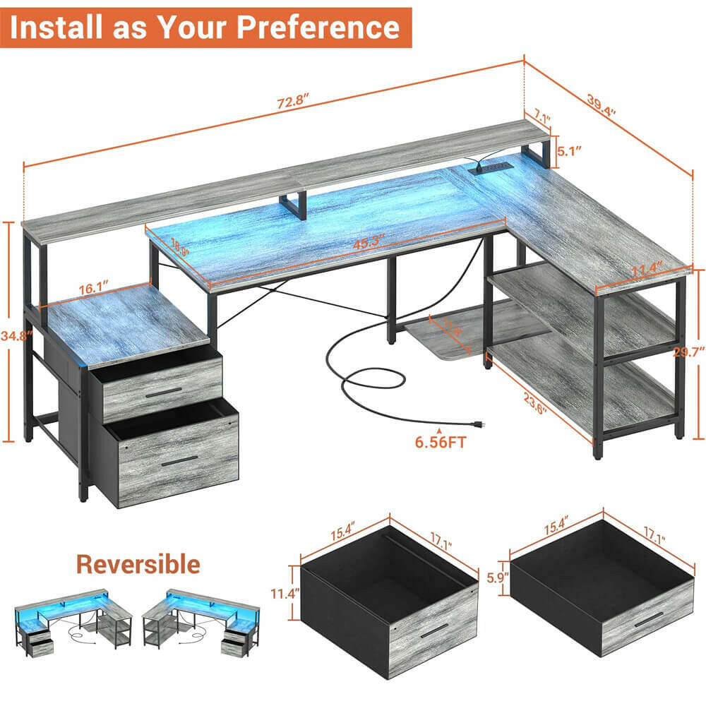 Unikito L Shaped Desk with File Drawer, 72.8" Reversible L Shaped Computer Desk with Power Outlet & LED Strip, Gaming Desk with Monitor Stand, Office Desk Corner Desk with Storage Shelf