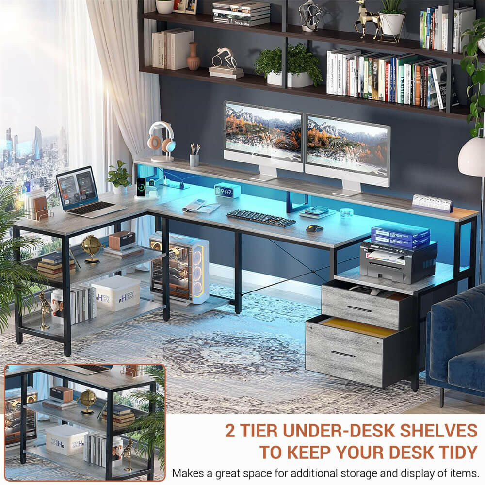 Unikito L Shaped Desk with File Drawer, 72.8" Reversible L Shaped Computer Desk with Power Outlet & LED Strip, Gaming Desk with Monitor Stand, Office Desk Corner Desk with Storage Shelf