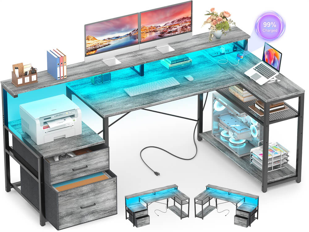 Reversible L Shaped Computer Desk Gaming Desk with File Drawer, Power Outlet & LED Strip