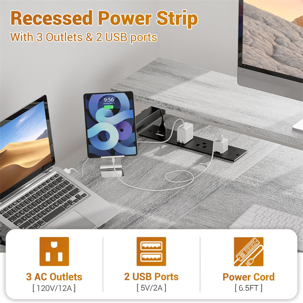 Reversible L Shaped Computer Desk Gaming Desk with File Drawer, Power Outlet & LED Strip