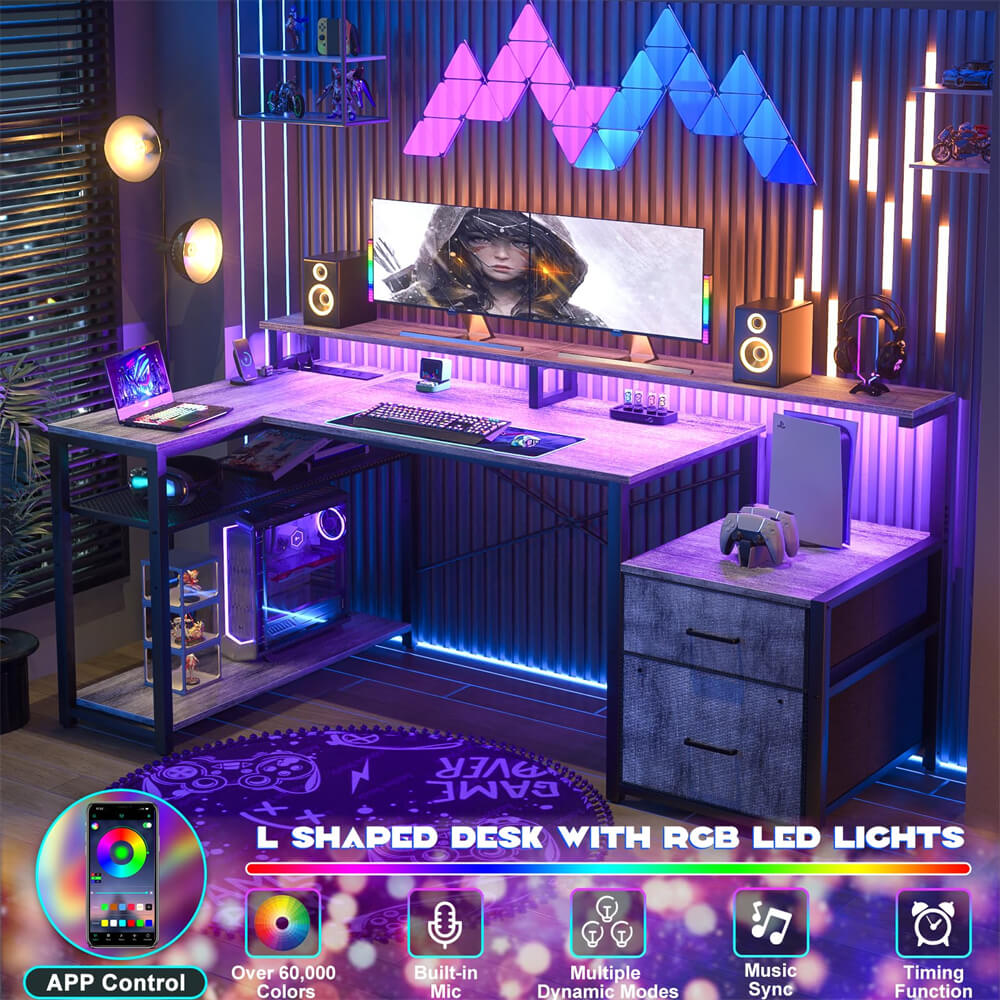 Reversible L Shaped Computer Desk Gaming Desk with File Drawer, Power Outlet & LED Strip