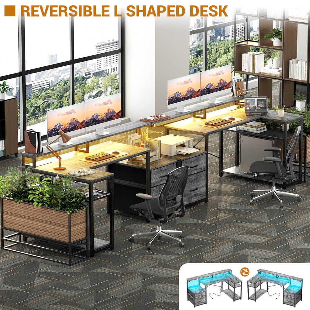 Reversible L Shaped Computer Desk Gaming Desk with File Drawer, Power Outlet & LED Strip
