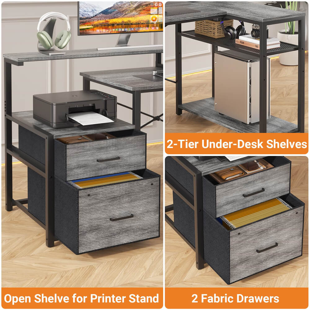 Reversible L Shaped Computer Desk Gaming Desk with File Drawer, Power Outlet & LED Strip