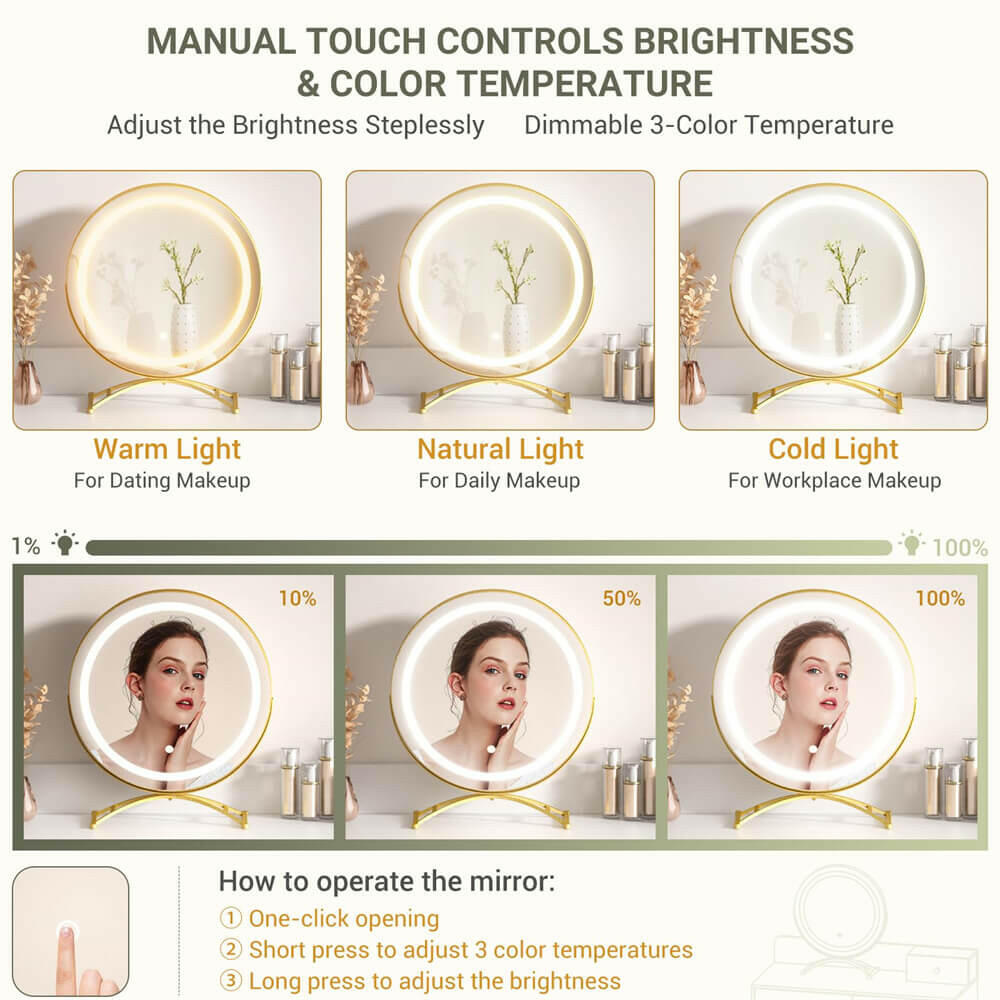 6 Drawer Makeup Vanity Desk with Stool, Lighted Mirror, Built-In Outlets