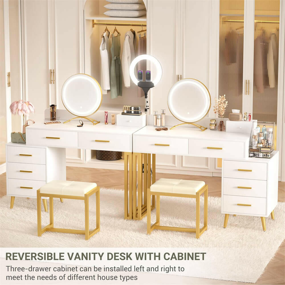 6 Drawer Makeup Vanity Desk with Stool, Lighted Mirror, Built-In Outlets