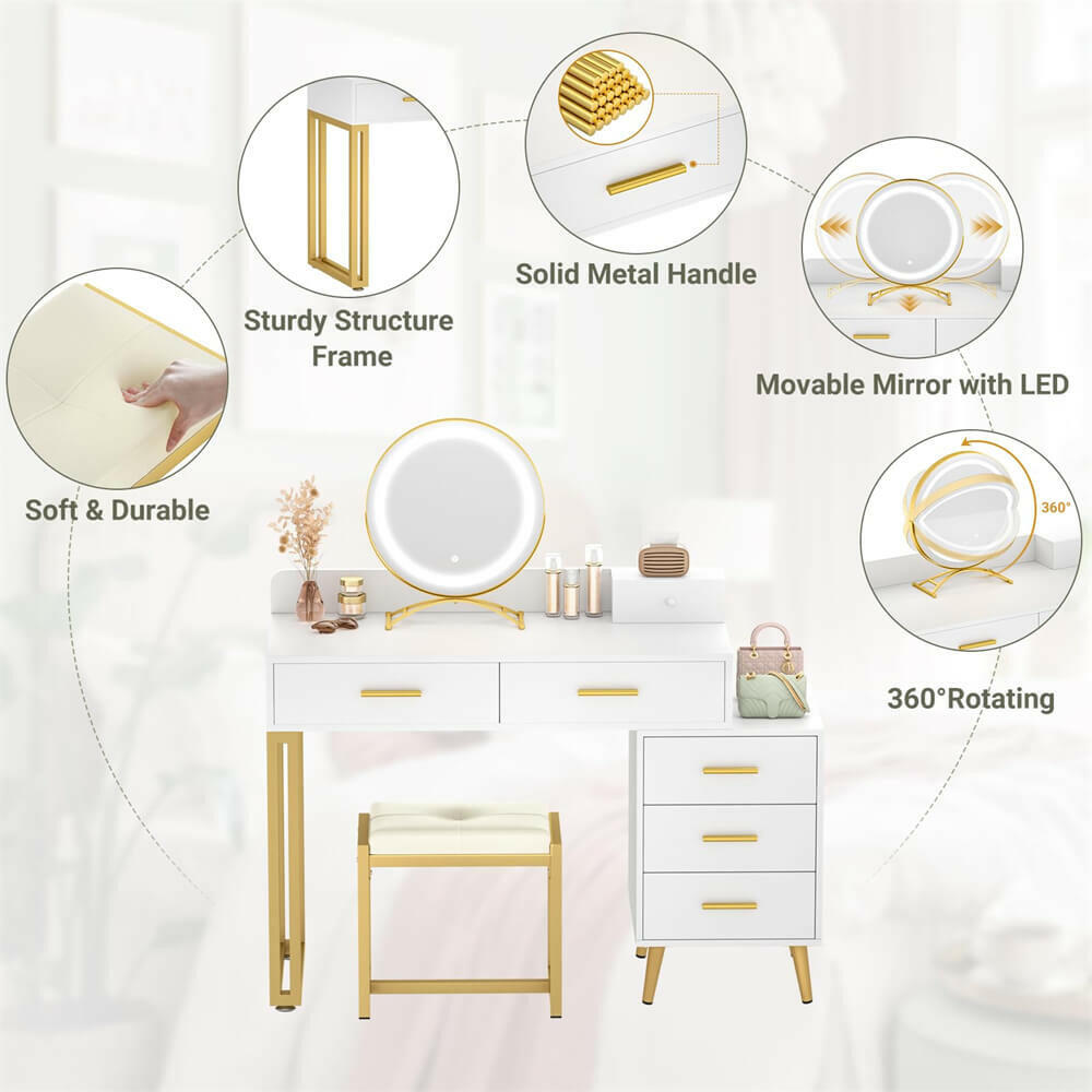 6 Drawer Makeup Vanity Desk with Stool, Lighted Mirror, Built-In Outlets