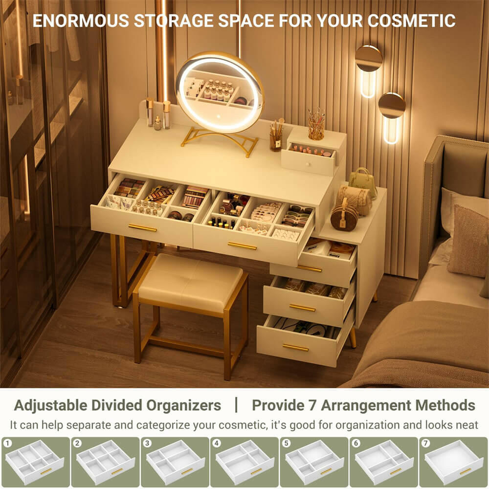6 Drawer Makeup Vanity Desk with Stool, Lighted Mirror, Built-In Outlets