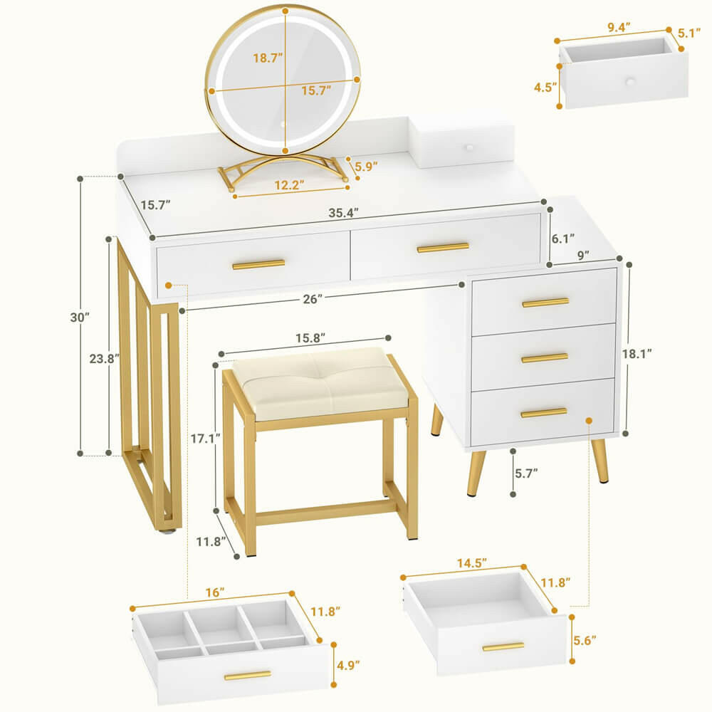6 Drawer Makeup Vanity Desk with Stool, Lighted Mirror, Built-In Outlets
