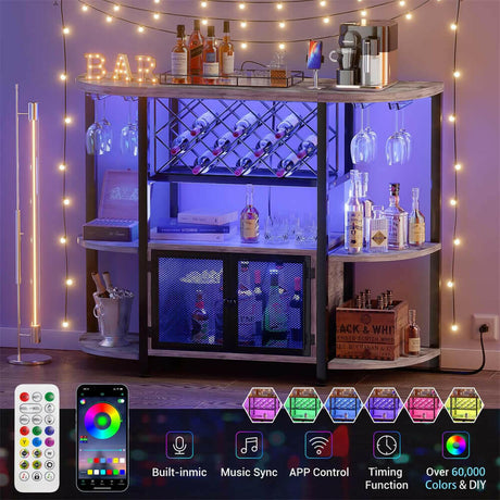 Unikito Gold Liquor Bar with LED Light, Wine Cabinet with Outlet, Freestanding Wine Rack Table with Door, Coffee Bar Cabinet for Liquor and Glass, Floor Bar Table Stand with Wine Storage Rack